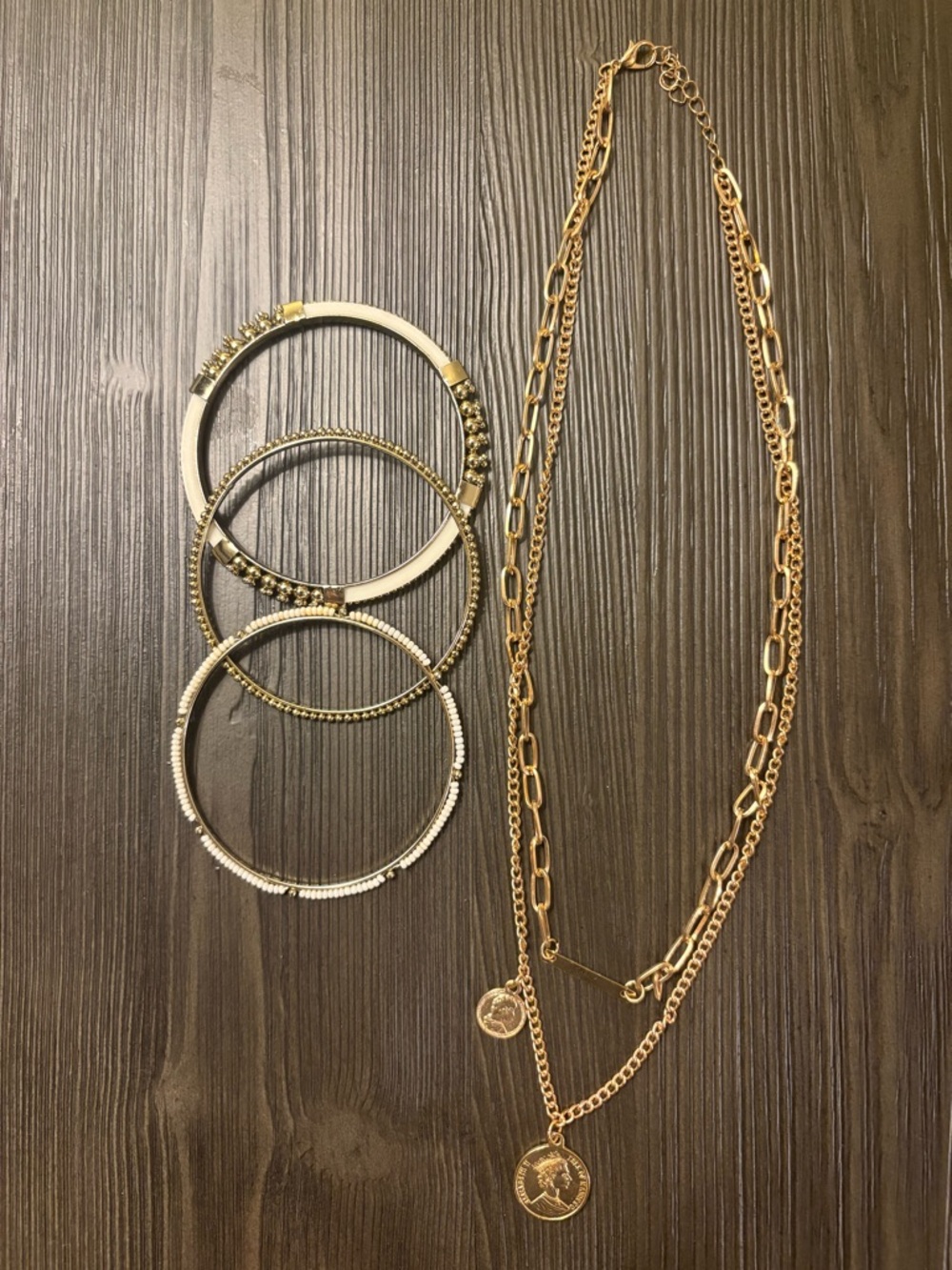 Lot of jewelry-Stylish Chain Double Necklace w/ Coins &  3 Gold/White Bracelets